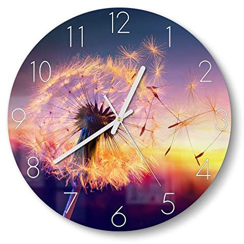 DEQORI Glasuhr | rund Ø 30 cm | Motiv Pusteblume im Abendlicht | ausgefallene leise Design Uhr aus Glas | Wanduhr für Wohnzimmer & Küche | Moderne Hingucker Uhr für die Wand