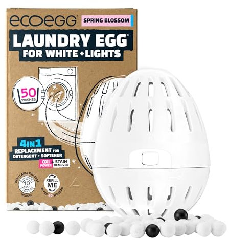 Ecoegg Wäscheei für Weißes + Lichter, 4-in-1-Ersatz für Waschmittel, Weichspüler, Oxi Power + Fleckenentferner, nicht biologisch, empfindliche Haut, 50 Wäschen, Frühlingsblütenei, Parabenfrei