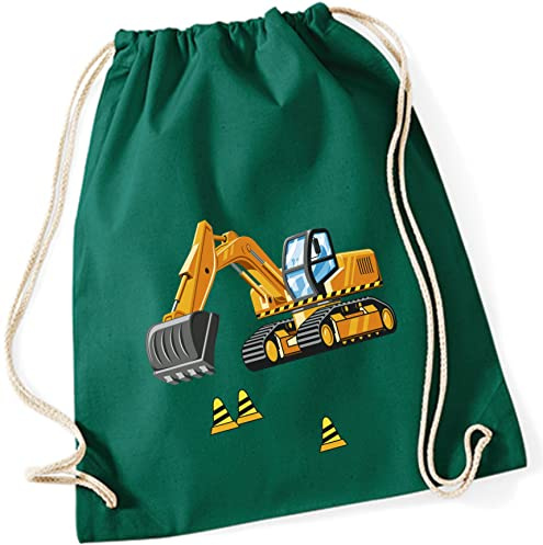 minimutz Turnbeutel für Jungen | Motiv Bagger & Baustelle | Stoffbeutel aus Baumwolle zum Zuziehen für Kinder | Zuziehrucksack mit Kordel (dunkelgrün)