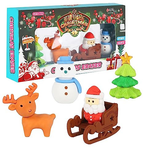 Weihnachts Radiergummi Set,5 Teilig Neuartiger Radiergummi für Kinder,Weihnachtsbaumkutsche Elch Schneemann Weihnachtsmann-Muster Bleistift-Radiergummis für Weihnachtsfeier,Schulbelohnung