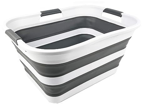 SAMMART 30L zusammenklappbarer Kunststoff-Wäschekorb – faltbarer Pop-Up-Aufbewahrungsbehälter/Organizer – tragbare Waschwanne – platzsparender Korb/Korb (Weiß/Stahlgrau)