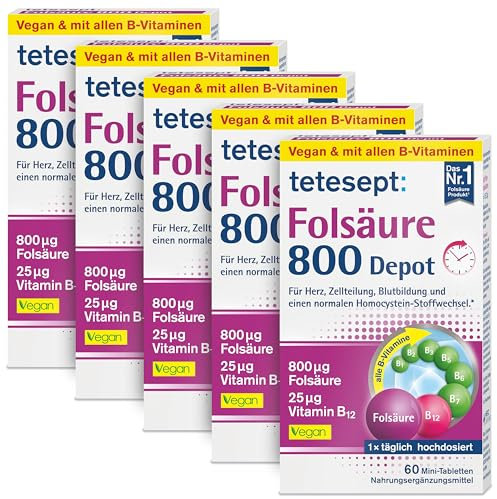 tetesept Folsäure 800 Depot – 5 x 60 Minitabletten – Nahrungsergänzungsmittel mit Depot-Technologie - inklusive aller B-Vitamine für eine Rundumversorgung - Vegan