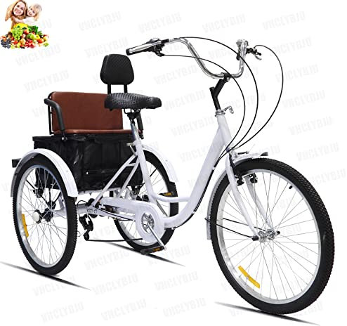 24-Zoll-Dreirad für Erwachsene für Damen, 7-Gang-Fahrrad, 3-Rad-Fahrrad mit Rücksitzkorb, maximale Belastung 300 Pfund, Dreirad, Geschenke für Eltern