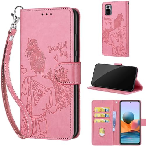 TOMYOU Wallet for Xiaomi Redmi Note 10 Pro / 10 Pro Max Case, Pink Girl | Embossed PU Leather, Folio Flip Notebook Wallet, Magnet Closure, Kickstand, 3 Card Slots, Wrist Strap Lanyard