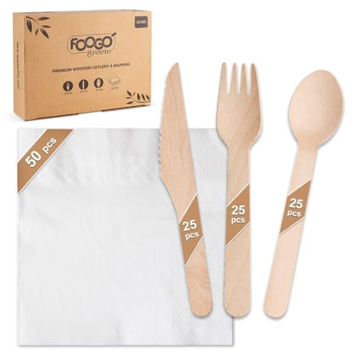 FOOGO Green 125 cubiertos desechables de madera y servilletas blancas, 25 tenedores, 25 cuchillos, 25 cucharas, 50 servilletas marrones, servilletas de papel resistente de 2 capas, juego de cubiertos