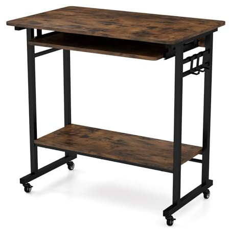 LIFEZEAL Mobiler Schreibtisch, Computertisch mit Rädern & 3 Haken, Arbeitsplatz mit Tastaturtablett, Bürotisch, Laptop-Schreibtisch für Arbeitszimmer, Büro, 80 x 50 x 78 cm (Braun+Schwarz)