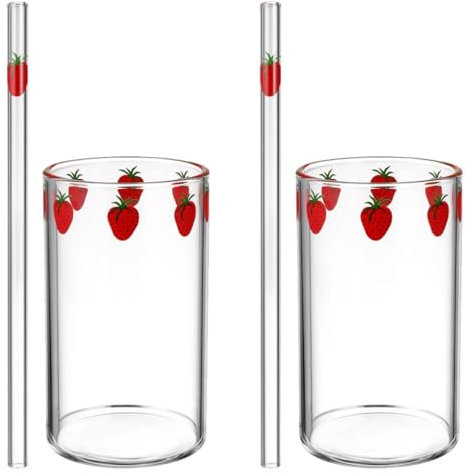 HOLIDYOYO Set Di 2 Eleganti Tazze in Con Motivo A Fragola Resistenti Al Calore Per Succhi Caffè Tè Cannuccia
