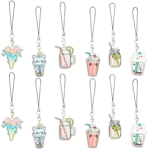GOMAKERER 6pcs 6 styles Breloques de Téléphone à Boisson, Chaîne de Breloques Téléphone en Acrylique Sangle de Charme de Téléphone de Dessin Animé Porte-Clés de Téléphone Portable pour la Décoration