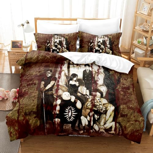 POWERFY Fullmet-al Alchemi-st Set 3 Teilig Bettwäsche, Niedliches Cartoon-Motiv mit Bettwäsche Set, Japanisches Anime Bettwäsche-Set Mit Kissenbez-Multicolor 8||230 x 200 cm(90 x 86 inches)