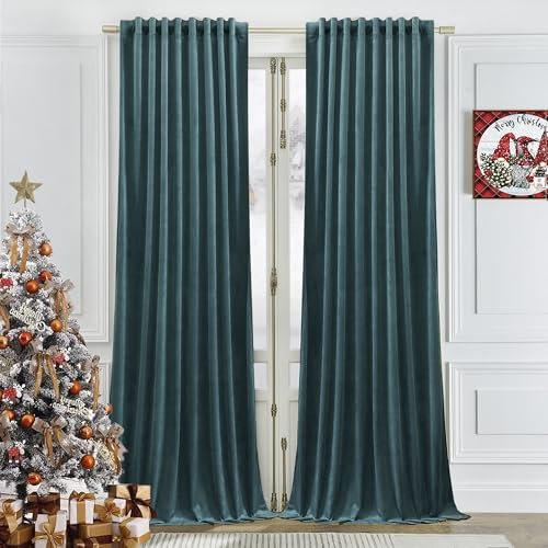 Timeper Light Blocking Curtains 108 inches Long, 2 Panels Peacock Blue Velvet Curtains with Back Tab & Rod Pocket Design for Hallway/Livingroom/Dorm Window Dressing, W52 x L108, 2 Panels
