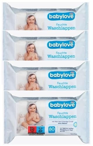 Babylove Feuchte Waschlappen - Sanfte Reinigung mit Aloe Vera & Kamille, für empfindliche Babyhaut & Erwachsene, 4 x 80 Stück