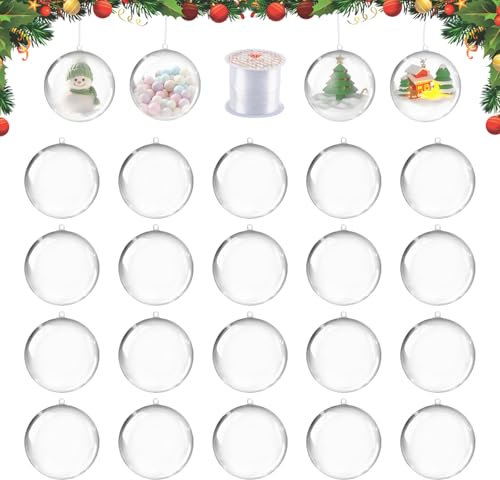 6CM Bolas de Navidad Transparentes, dellyy 20 Pcs Bola Navidad Transparente Rellenable, Plastico Bola Rellenable de Navidad, DIY Bola Decorativa de Plástico con 50 Metros de Cuerda Decorativa