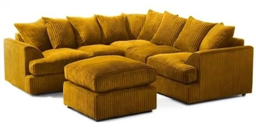 5 Seater Jumbo Cord Kingsize Corner Sofa, Mustard Yellow + Footstool (5 SEATER)