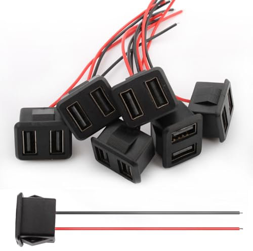 VISSQH 6 Pièces USB A 2 broches connecteur Femelle,USB Type A souder connecteur 2 fils 3A USB Type A Montage sur Panneau connecteur 22 AWG USB A Câble d'extension(Double)