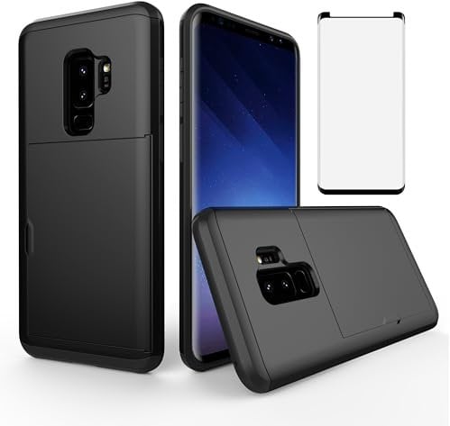 Asuwish Phone Case for Samsung Galaxy S9 with Tempered Glass Screen Protector Cover and Accessories Card Holder Slot Rubber Hybrid Slim Silicone Cell Protective S 9 Edge 9S GS9 SM Women Men Black