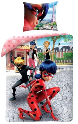 Halantex Miraculous Ladybug Marinette Cat Chat Noir - Bettbezug-Set 140 x 200 cm mit Kissenbezug 70 x 90 cm - 100% Polyester, mehrfarbig