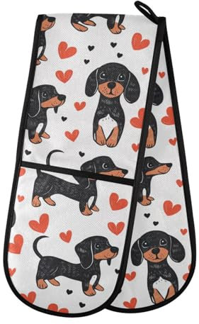 Double Oven Gloves Cute Dachshund Dogs Red Hearts Heat Resistant Pot Holder Oven Mitt Gloves for BBQ Cooking Baking Grilling Microwave
