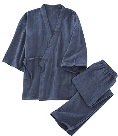Mrat Herren-Pyjama-Set, Baumwolle, zweiteilig, 3/4-Ärmel, offene Vorderseite, Cardigans, Tops mit Gürtel, weites Bein, elastische Hose, Co-Ord-Sets, leicht, weich, Pyjama-Set, Loungewear, Nachtwäsche