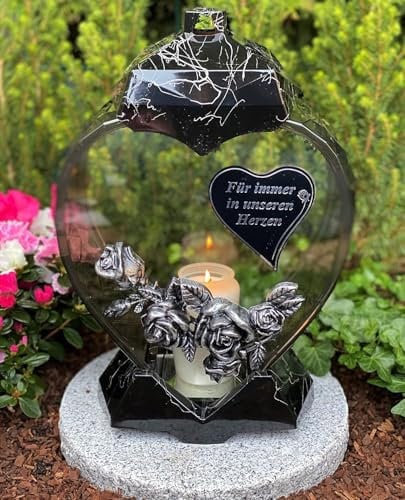 Grablaterne mit Text - Für Immer in unseren Herzen - Grablampe 33 cm H. Grabkerze Kerze Grabkerze Grablicht Gartenlampe Laterne inkl. Kerze
