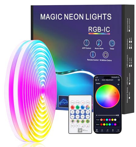 Neon LED Strip 3 m, IP67 Wasserdichte RGBIC LED Streifen 5V Dimmbar & Musik Sync,mit Fernbedienung per App, DIY-Formen, Musik Sync, Neon LED Lichtband für Wohnzimmer, Schlafzimmer, Wand, Gaming Deko