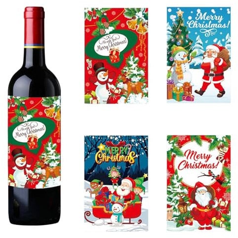 Christmas Wine Bottle Labels,24Pcs Self-Adhesive Personalised Wine Bottle Labels Stickers,Merry Christmas Wine Bottle Stickers for Xmas New Year Party Supplies Decorations (Colorful A)