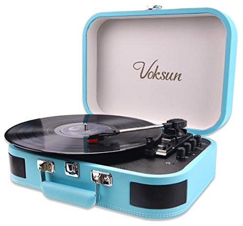 Tocadiscos de Vinilo, VOKSUN Tocadiscos Bluetooth con Altavoz, Transmisión por Correa 33/45/78 Vueltas/min, Estuche, Función Vinilo-MP3/USB/Aux-In/RCA (Azul)