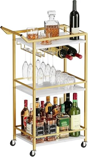 LOTEYIKE Barwagen mit 3 Etagen, Mini-Likörwagen für Wein, Getränke, Dinner-Party, rollender Wein, Kaffee, Getränke, Servierwagen mit feststellbaren Rädern für Zuhause, Küche, Bars (Gold)
