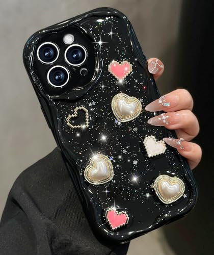 Toycamp for iPhone 11 Pro Max Case Cute - Women Girly Girls Glitter Phone Cover 11 ProMax Kawaii Sparkle Bling Shine Aesthetic Pretty Unique Wave Design Funda for Apple 11 Pro Max, Black Heart