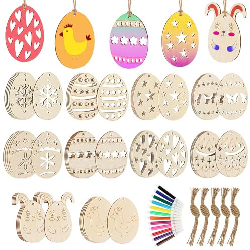 Holzanhänger Ostern DIY, Holz Osterbastelset zum Bemalen, 50pcs Ostereier Deko mit Schnur, Acrylstifte, Ostern Basteln Holz, Holzeier zum Bemalen mit Kindern, Osterdeko Basteln Kinder Anhänger
