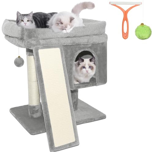 LEEJARD kratzbaum klein, Katzenbaum mit Große Plattformen, Sisalstämme, Kratzrampe, Katzenhaus, Plüschbälle und Katzenbürste für Große Katzen