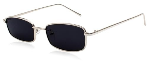 XDGBGFN Klassische Vintage Rechteckig Sonnenbrille Retro Schmal Metallrahmen Sonnenglasses für Damen Herren (Silber/Grau)