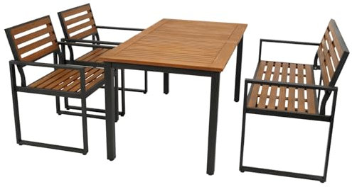 DEGAMO Gartenset Garnitur RAGUSA 4-teilig (2X Sessel, 1x Bank 2-sitzer, 1x Tisch rechteckig 150x80cm), Stahl anthrazit + Akazie geölt, FSC®-Zertifiziert