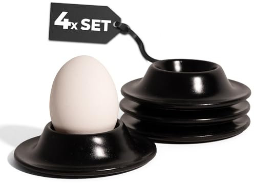 MIAMIO – Egg Cups 4-Piece Ceramic Set, Stoneware Egg Cups with Tray for Eggshells Restaurant Quality – Dishwasher Safe (Black)