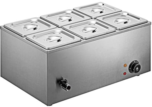 Commercial 6 Pot Bain Marie Wet Heat With 6 Pans & Lids, Electric Catering Food Warmer 0.6kW Adjustable Temp 54x34x30mm by Stalwart