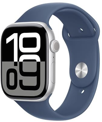 Apple Watch Series 10 [GPS, 46mm] - Case in Alluminio Argento con Cinturino Loop Sportivo Blu Denim, One Size (Ricondizionato)