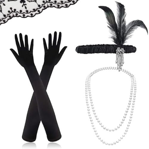 Charleston Accessoires Damen, KANOSON 20er Jahre Accessoires Damen, 1920er Fasching Gatsby Karneval Accessoires, Schwarze Handschuhe Perlenkette Feder Stirnband 20er Jahre Kostüm