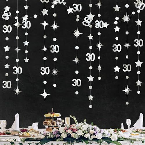 Silber 30. Geburtstag Dekorationen Nummer 30 Kreis Punkt Twinkle Star Garland Metallic Streamer Banner Hintergrund für Herren Damen Happy Dirty 30 Jahre alte Jubiläumsvorrat für Partyzubehör