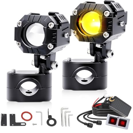 BraveWAY 70W 30000LM Feux Additionnels Moto Phare 7 Modes Stroboscopiques de Conduite LED Auxiliaire Antibrouillard Avec Blanc Ambre Kit de Faisceau de Câbles Plug and Play et 2 Supports de Montage