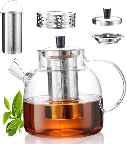 Theiere Avec Infuseur1.5 litre,Théière en Verre Clair Résistant à la Chaleur,1500ml Théière en Verre avec Rechaud,Chauffant Transparent avec Filtre Amovible en Acier Inoxydable,Adapté au thé Parfumé