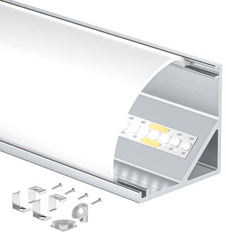 Shine Plus Profilé LED, Profile alu pour ruban 15 × 2mètres,45 degrés en forme de V,avec Couvercle PC Laiteux, Embouts et Clip de Montage pour Bande LED (15pièces × 2m)
