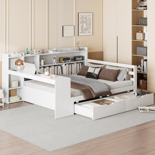 Daybett Doppelbett 140x200 cm, Tagesbett mit Schreibtisch, Bücherregal, Stauschrank und 2 Schubladen, Kinderbett mit Steckdose und Lattenrost, Holzbett Jugendbett Funktionsbett, Ohne Matratze, Weiß