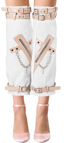 CABODYALS 1 Pair White Long Gothic Punk Harajuku with Straps Belt Buckles Cross Zipper Loose Baggy Socks Leg Sleeves Warmer Over The Knee Boot Cover Warmers for Women Streetwear Rave Grunge