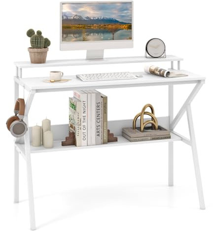 COSTWAY Escritorio Pequeño 100x48cm, Escritorio con Soporte para Monitor, Gancho Colgante y Estante Adiciona, Estructura de Metal, Mesa Oficina Estudio, Blanco