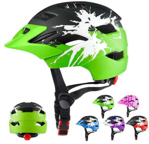 RaMokey Casco da bici per bambini e bambine dai 5 ai 14 anni, leggero, con fanale posteriore, quadrante regolabile, visiera rimovibile (50-56 cm) (nero verde)