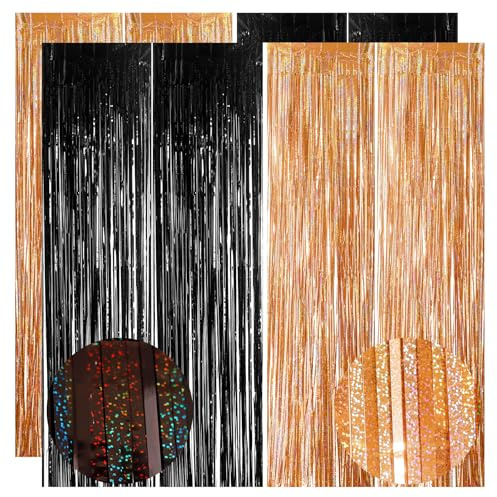 YAAVAAW 4pcs 3.2 x 8.3ft Glitter Black and Orange Tinsel Curtain Halloween Foil Curtain Door Streamers Fringe Backdrop Halloween Party Decorations Backdrop Banner for Indoor Home School Office