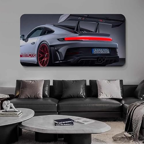 interoknack Custom LED Backlit Sports Car Wall Art - Hochauflösender Porsche GT3 RS Druck mit LED Akzentbeleuchtung, Gaming Room Decor Panel