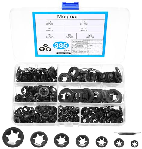 385 Stück Unterlegscheiben Set Klemmscheiben, Sicherungsscheiben Innenzahn Sicherungsringe Set, Metall Sternscheiben Klemmring, Schnellverschluss Unterlegscheibe Sortiment - M3 M4 M5 M6 M8 M10 M12
