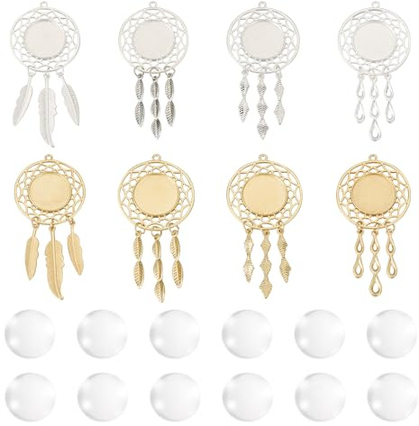 Craftora 24 Stück Lünetten-Anhänger-Tabletts, blanko, Kuppel, Feder-Charms, gewebte Netz-Legierung, Einstellungen, Glas-Cabochons für DIY-Halskette, Schmuckherstellung, Kamee-Foto