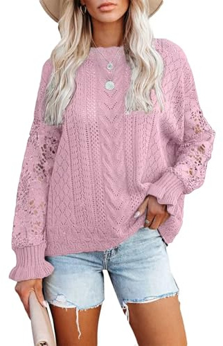 Jusfoouo Pull Femme à Motifs Crochetés avec Manches Papillon en Dentelle - Col Rond, Coupe Délavée