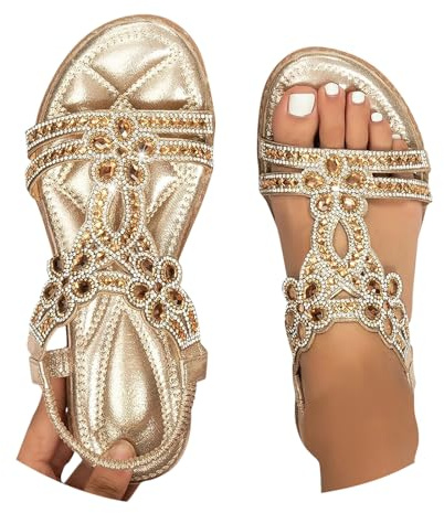 Luadnysin Sandales Femme Été Confortable Nu Pieds T-Strap Bride Élastique À La Cheville Ouvert Bout Chaussure De Plage Strass Cristal Florals Casual Chaussures,35-46